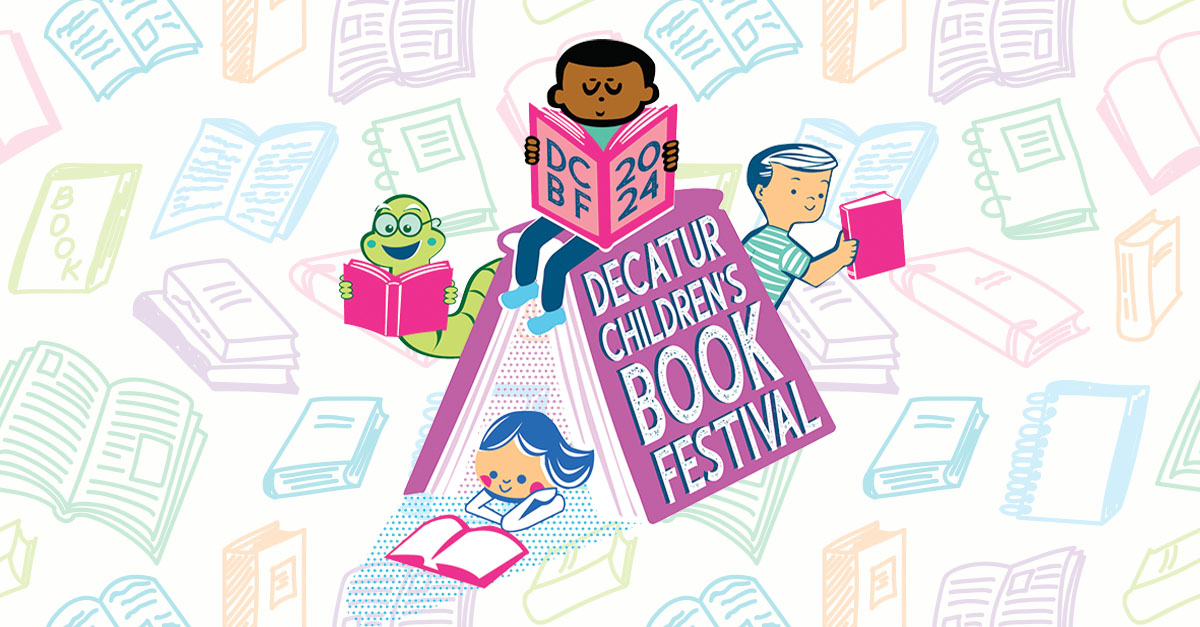 Decatur Children’s Book Festival logo with a pattern of different books in the background.